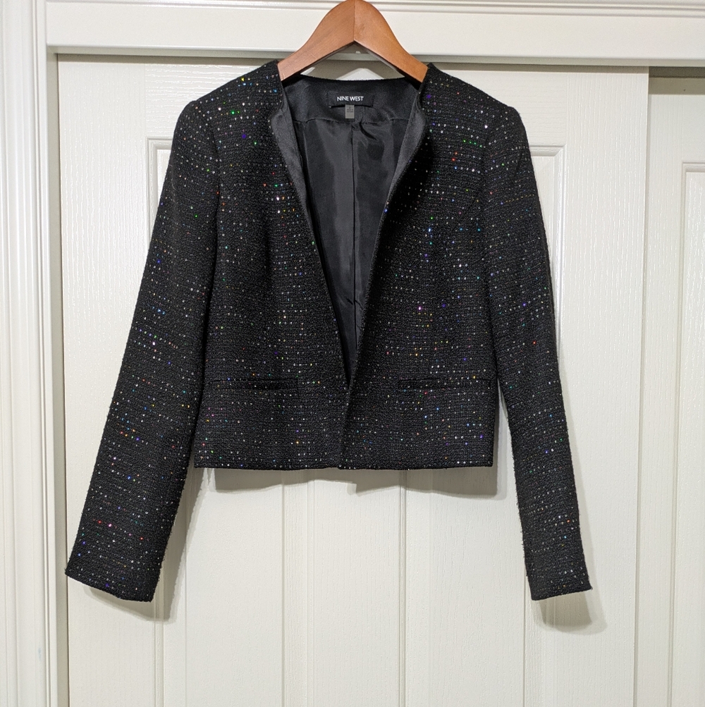 NINE WEST Micro Multicolor Sequin Black Formal Fitted Blazer Cropped Jacket Smal